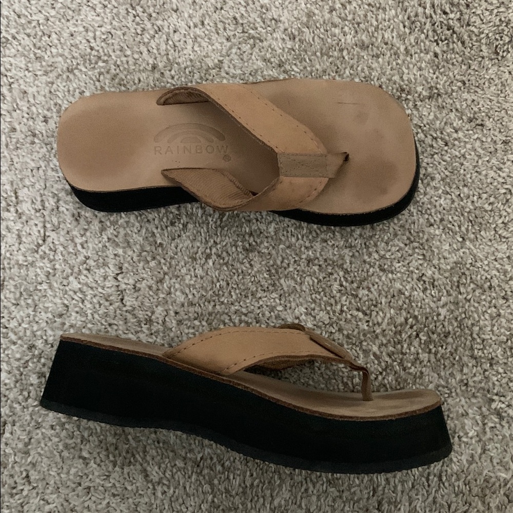 Rainbow Platform Flip Flops Charcoal Leather Sandals Riviera 6.5-7